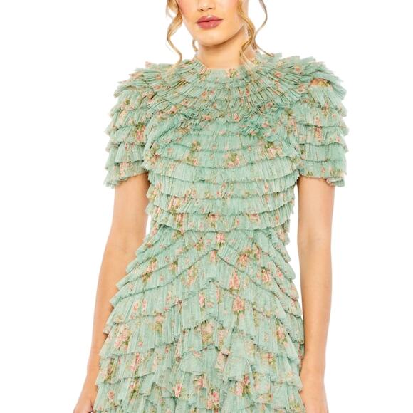 Mac Duggal NWT Ruffle Tiered Short Sleeve A-Line Dress in Sage Multi Size 6